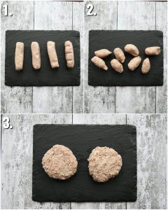 3 step by step photos of how to make a sausage patty