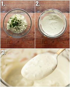 3 step by step photos showing How to make blue cheese dip