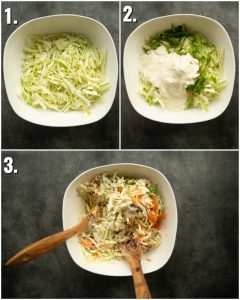 3 step by step photos showing How to make coleslaw