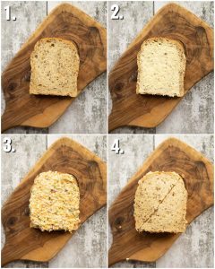 4 step by step photos showing how to make a cheese and onion sandwich