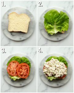 4 step by step photos showing how to make chicken bacon ranch sandwich