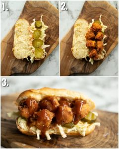 3 step by step photos showing how to make popcorn chicken sandwiches