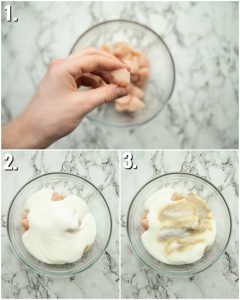3 step by step photos showing How to marinate popcorn chicken