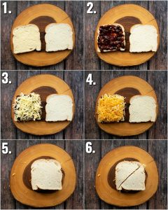 6 step by step photos showing how to make a cheese and pickle sandwich