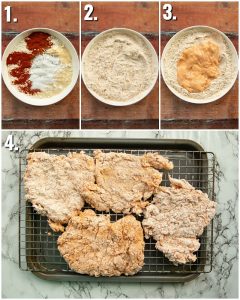 4 step by step photos showing how to coat spicy chicken