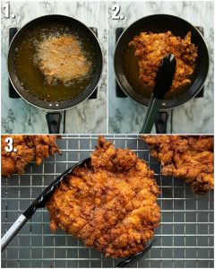 3 step by step photos showing how to fry spicy chicken