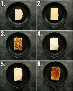 6 step by step photos showing how to make a bbq chicken grilled cheese