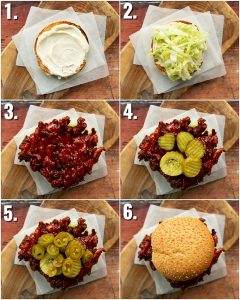 6 step by step photos showing how to make a spicy chicken sandwich