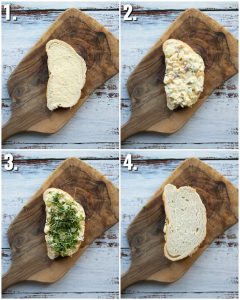 4 step by step photos showing how to make an egg mayonnaise sandwich
