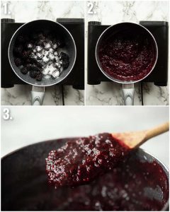 3 step by step photos showing how to make blackberry jam
