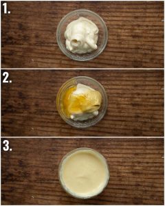 3 step by step photos showing how to make honey mustard mayo