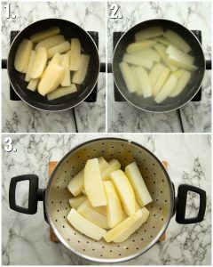 3 step by step photos showing how to parboil chips