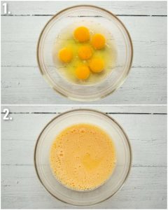 2 step by step photos showing how to whisk scrambled eggs