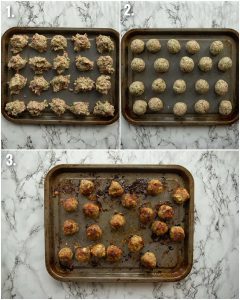 3 step by step photos showing how to cook meatballs
