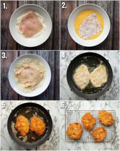6 step by step photos showing how to make katsu chicken
