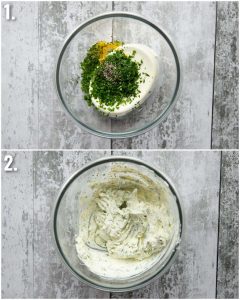 2 step by step photos showing how to make lemon herb cream cheese