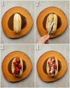 4 step by step photos showing how to make sausage and peppers sandwich