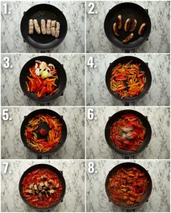8 step by step photos showing how to make sausage and peppers