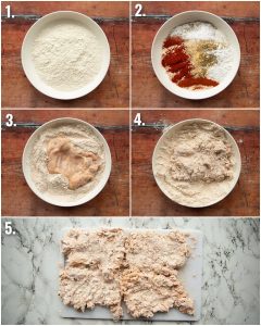 5 step by step photos showing how to bread fried chicken