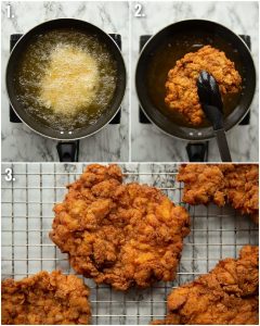 3 step by step photos showing how to deep fry chicken
