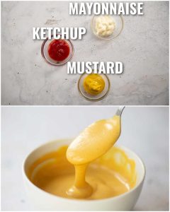 2 step by step photos showing how to make sandwich sauce