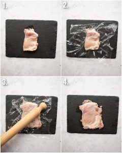 4 step by step photos showing how to pound chicken thigh