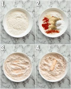 4 step by step photos showing how to bread halloumi fries