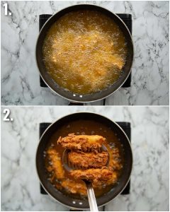 2 step by step photos showing how to deep fry halloumi