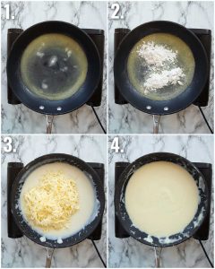 4 step by step photos showing how to make broccoli cheese sauce