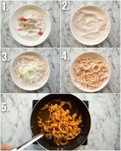 5 step by step photos showing how to make crispy fried onions