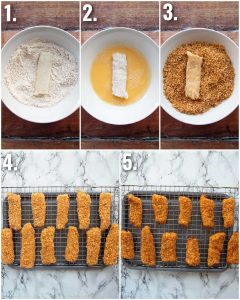5 step by step photos showing how to make fish fingers