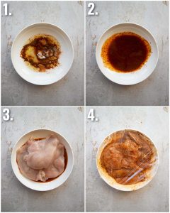 4 step by step photos showing how to marinate cajun chicken