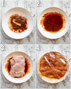 4 step by step photos showing how to marinate chicken for chicken sandwich