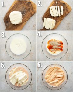 6 step by step photos showing how to marinate halloumi