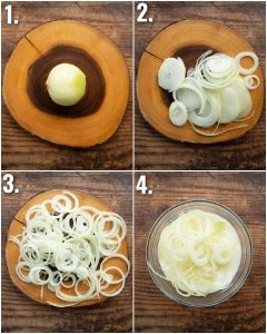 4 step by step photos showing how to prepare crispy onions