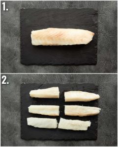 2 step by step photos showing how to slice cod