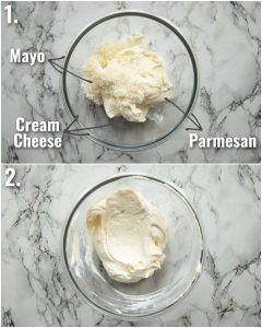 2 step by step photos showing how to prepare a cream cheese sandwich