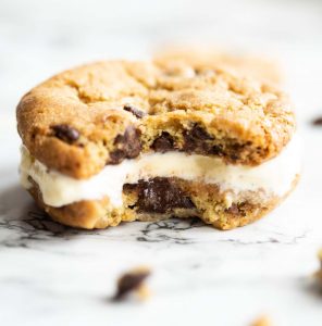 close up shot of cookie sandwich with bite marks