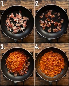 4 step by step photos showing how to make bacon baked beans