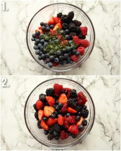 2 step by step photos showing how to make berry fruit salad
