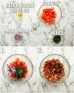 3 step by step photos showing how to make bruschetta topping