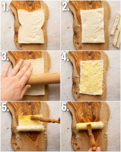 6 step by step photos showing how to make grilled cheese roll ups