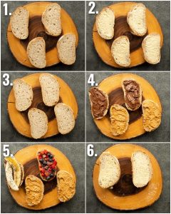 6 step by step photos showing how to make nutella peanut butter sandwiches