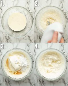 4 step by step photos showing how to make cheesecake filling