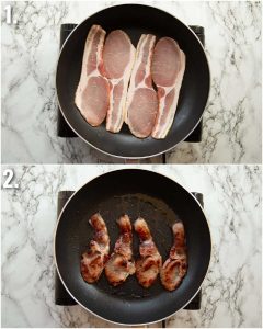 2 step by step photos showing how to fry bacon