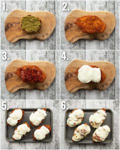 6 step by step photos showing how to make chicken pesto sandwich