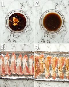 4 step by step photos showing how to make maple bacon