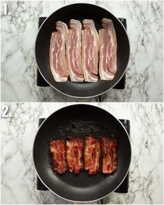 2 step by step photos showing how to pan fry American bacon