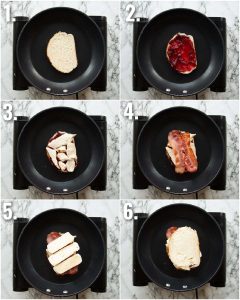 6 step by step photos showing how to make leftover turkey grilled cheese
