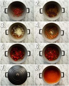 8 step by step photos showing how to make roasted red pepper soup